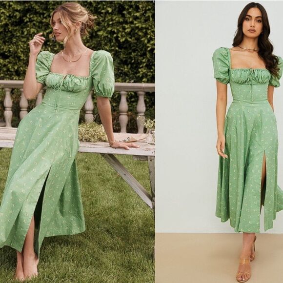 House of Cb Tallulah Olive Midi Green Dress Floral Puff Sleeve Size XS - Picture 10 of 14